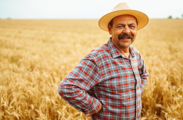 Agricultor de chapéu em um campo de trigo, verificando a cultura, jardinagem agrícola ou conceito de ecologia