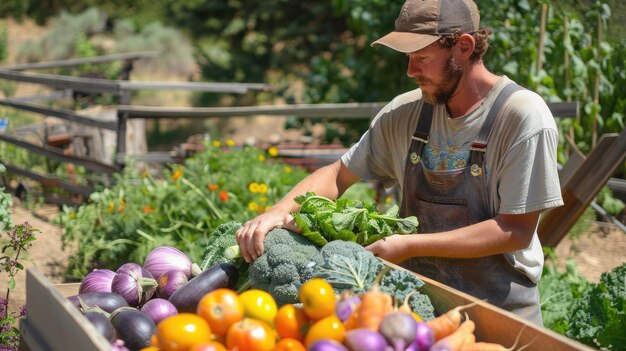 Agricultor de legumes organizando produtos recém-colhidos em uma caixa em uma fazenda orgânica