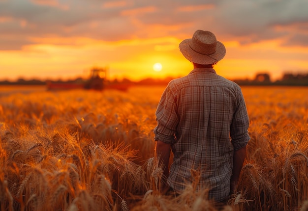 Agricultor de pé no campo de trigo olhando para o pôr do sol
