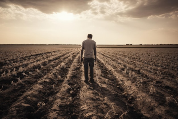Un agricultor deprimido de pie solo en vastos campos agrícolas improductivos bajo un cielo de tonos grises