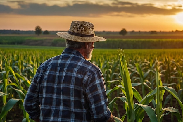 Agricultor disfrutando de la puesta de sol sobre un campo de maíz reflexionando sobre la agricultura sostenible y los alimentos saludables con un amplio espacio de copia para la publicidad