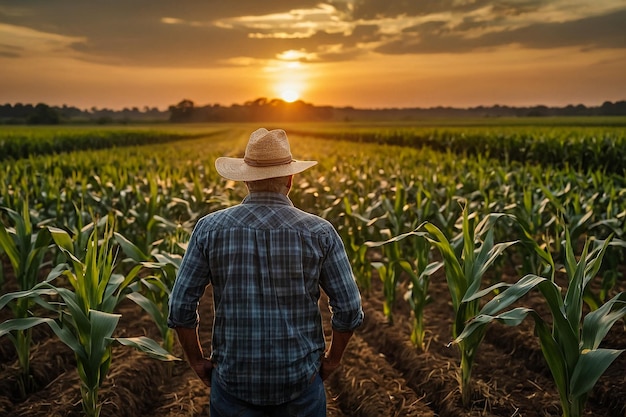 Agricultor disfrutando de la puesta de sol sobre un campo de maíz reflexionando sobre la agricultura sostenible y los alimentos saludables con un amplio espacio de copia para la publicidad