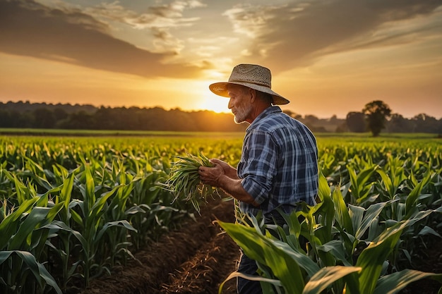 Agricultor disfrutando de la puesta de sol sobre un campo de maíz reflexionando sobre la agricultura sostenible y los alimentos saludables con un amplio espacio de copia para la publicidad