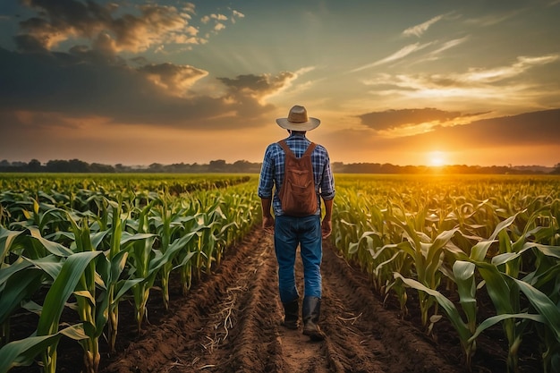 Agricultor disfrutando de la puesta de sol sobre un campo de maíz reflexionando sobre la agricultura sostenible y los alimentos saludables con un amplio espacio de copia para la publicidad