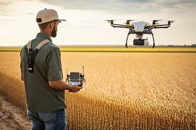 Agricultor e agrônomo drone no campo agrícola