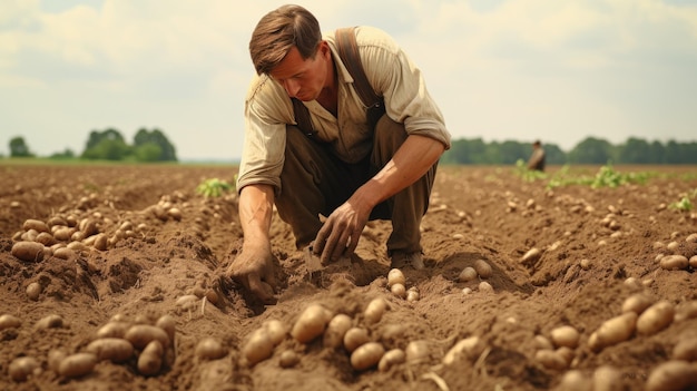 El agricultor elige patatas de la tierra creada con tecnología de IA generativa