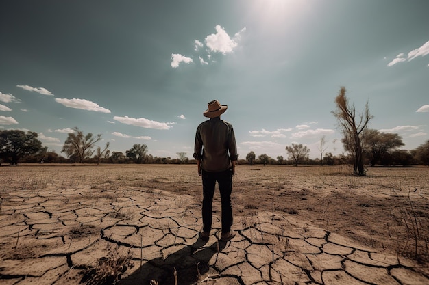 Agricultor em pé na terra seca e rachada, a terra não é adequada para culturas generativas ai