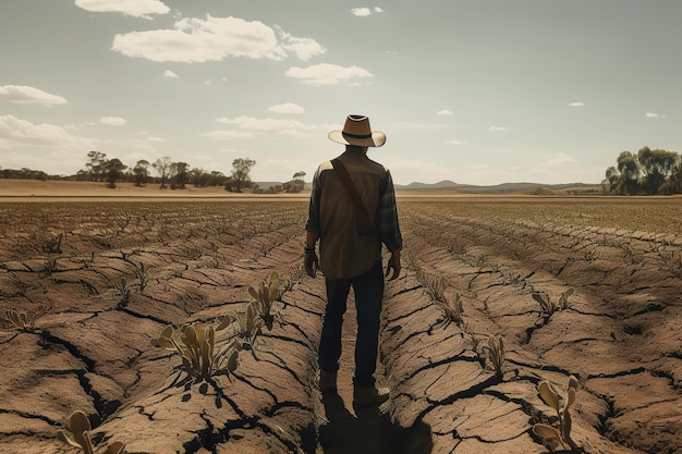 Agricultor em pé na terra seca e rachada, a terra não é adequada para culturas generativas ai