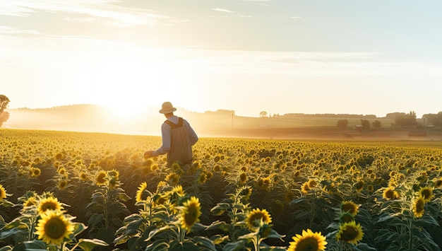 Agricultor em pé no campo de girassol e olhando girassóis ao pôr do sol