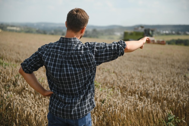 Agricultor em pé no campo de trigo na colheita