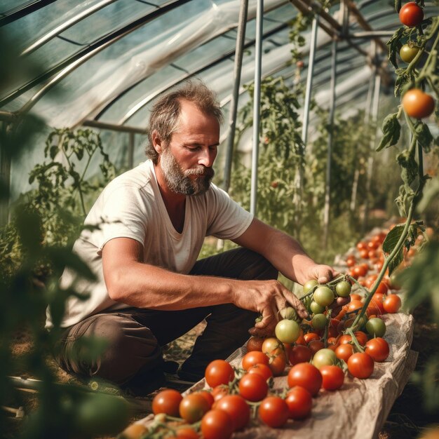 agricultor em pé perto de plantas de tomate em estufa Generative ai