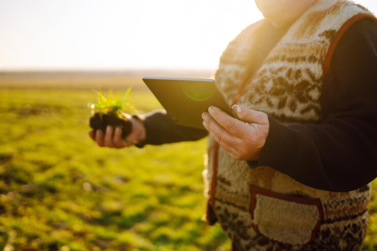 Foto agricultor em um campo de trigo com um tablet nas mãos ao pôr do sol smart farm agricultura jardinagem