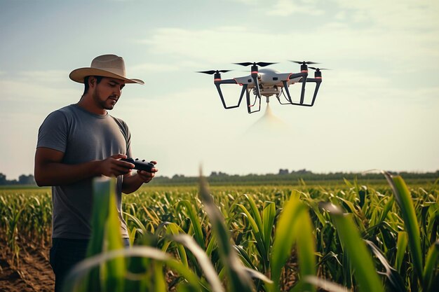 Foto agricultor em um campo voando um drone agrícola pulverizando pesticidas