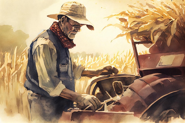 Agricultor em um milharal, aquarela, pôster, impressão digital, decoração para impressão, pintura