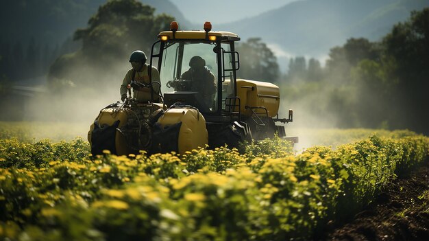 Foto agricultor em um trator com um pulverizador faz fertilizante para legumes jovens