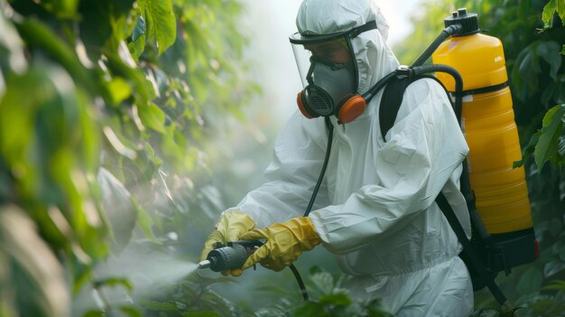 Foto agricultor con equipo de protección rociando pesticidas en los cultivos en un campo de niebla