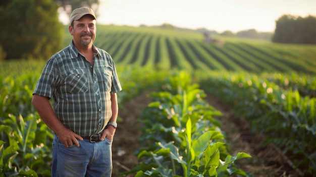 Un agricultor está de pie junto a filas de cultivos genéticamente modificados resistentes a la sequía emocionado por el