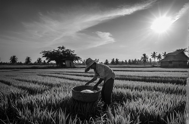 un agricultor está trabajando en un campo de arroz con una gran canasta