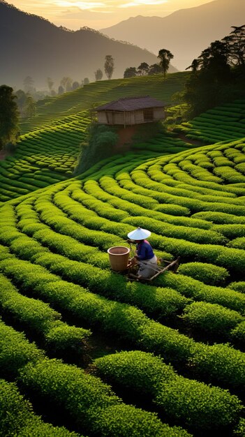 un agricultor está trabajando en una plantación de té