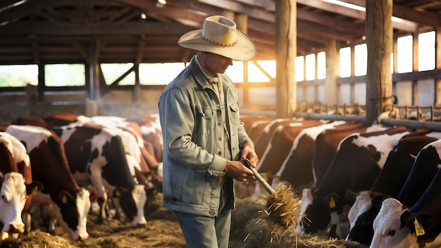 Agricultor en el establo cuidando las vacas