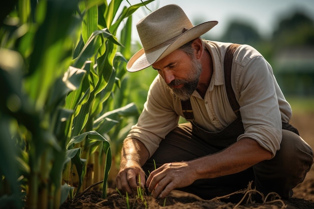 El agricultor evaluando la calidad del maíz en la granja verde al atardecer AI Generado