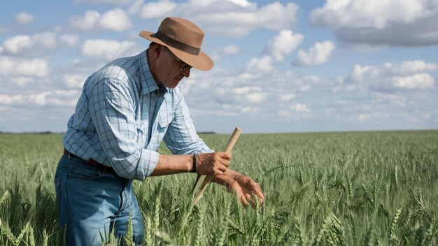 El agricultor examina el campo el agrónomo o el agricultor examine el crecimiento del trigo