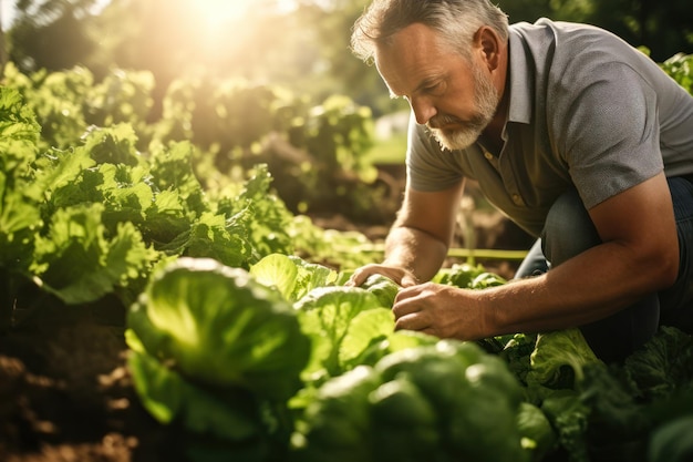 Un agricultor examina los productos orgánicos subrayando la importancia de una agricultura ambientalmente consciente.