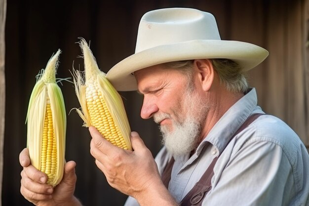 Foto agricultor examinando espigas perfeitas de milho doce para vidro de manteiga