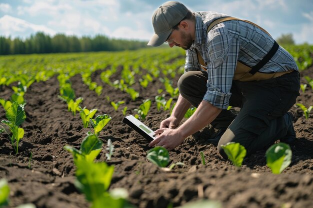 Agricultor examinando jóvenes cultivos de soja con una tableta digital en el campo