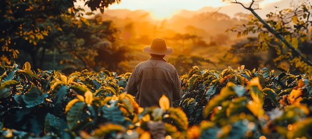 Agricultor examinando plantas de café ao nascer do sol em um campo exuberante