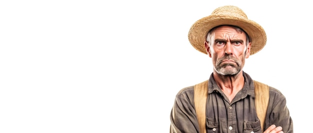 Agricultor excitado, irritado e zangado em roupas de trabalho com fundo branco isolado