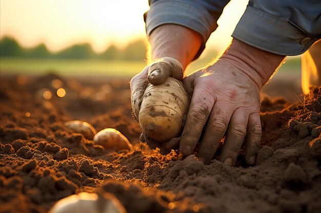 Un agricultor experimentado examina cuidadosamente la calidad de las patatas recién cosechadas en el campo