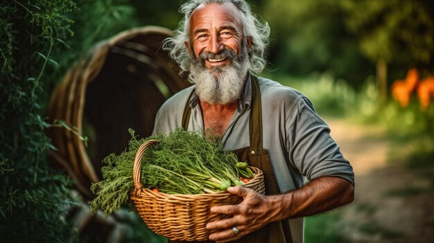 agricultor feliz com uma cesta cheia de vegetais de temporada