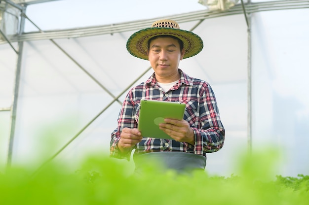 Un agricultor feliz que trabaja con tableta en una granja de invernadero hidropónico, alimentos limpios y concepto de alimentación saludable