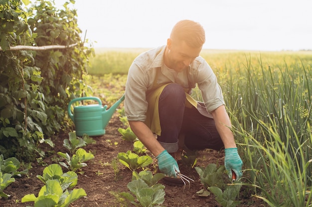 El agricultor feliz riega las camas y trabaja en el jardín