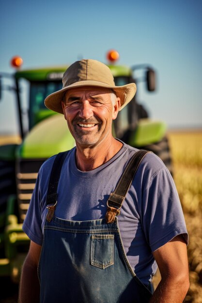 Agricultor feliz y sonriente de pie cerca de un tractor o una cosechadora combinada en un campo de maíz agrícola