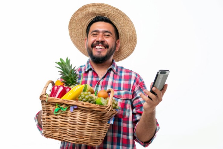 Agricultor feliz sosteniendo una canasta de verduras frescas y usando un teléfono inteligente sobre un fondo blanco