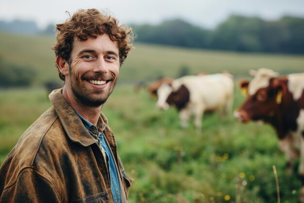 Agricultor feliz con vacas en la industria alimentaria sostenible