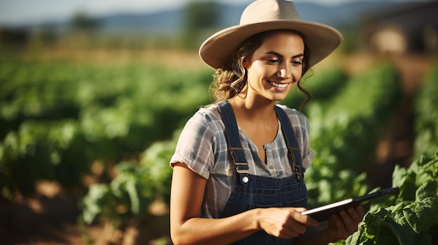 Foto agricultor feminina a trabalhar com um tablet digital