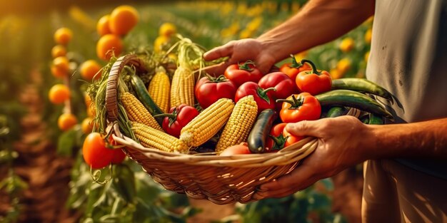 Foto agricultor gerador de ia gerado por ia colhe as mãos segurando vegetais e frutas