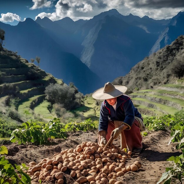 Foto agricultor en una granja orgánica en las montañas de cusco