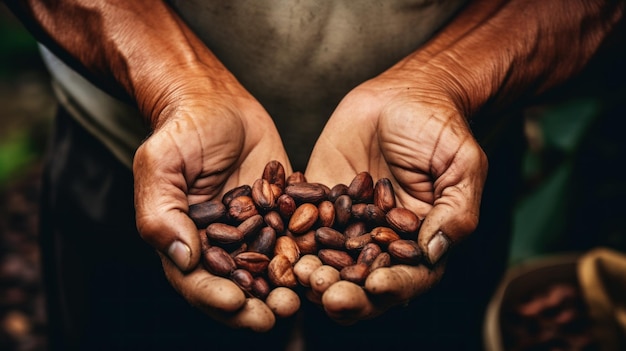 Agricultor con granos de café frescos Concepto de agricultura y cosecha sostenibles