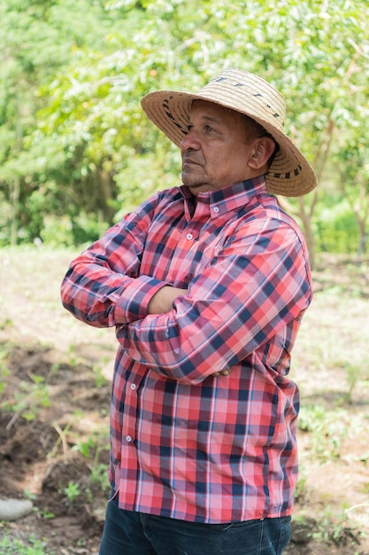 Agricultor hispano parado solo en su cultivo