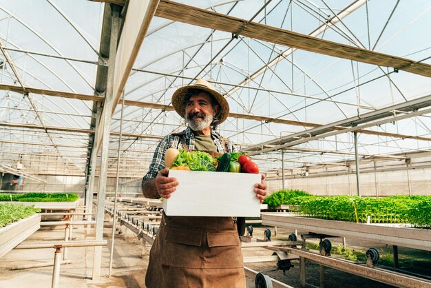 Agricultor idoso a trabalhar na sua quinta e na sua estufa