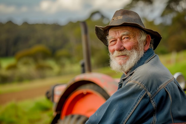 Foto agricultor idoso sorridente com um chapéu em um campo com um trator ao fundo