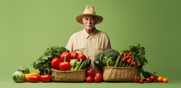 Agricultor idoso sorridente segurando uma cesta com vegetais de colheita de outono fundo verde