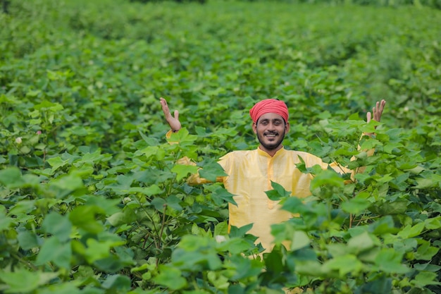 Agricultor indiano em campo de algodão