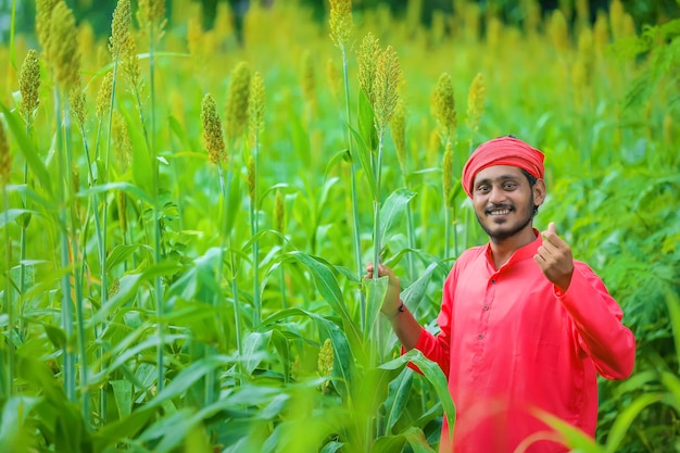 Agricultor indiano em um campo de sorgo