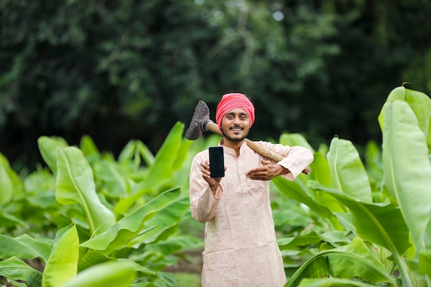 Agricultor indiano mostrando a tela do smartphone no campo de agricultura de banana.