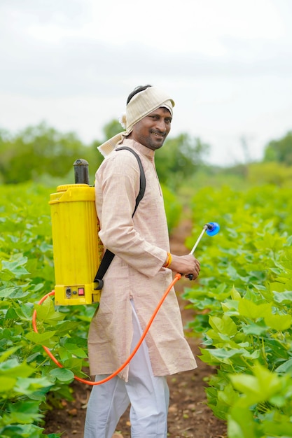 Agricultor indiano pulverizando pesticida em um campo de algodão.